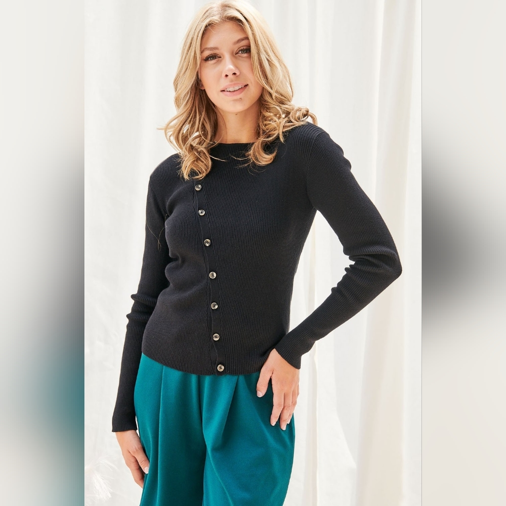 Faith Apparel Black Button Up Long Sleeve Knit Top